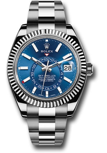 Rolex Sky Dweller 326934 Blue Dial Oyster Bracelet 2020 with New Style Card: Rolex Sky Dweller 326934 Blue Dial Oyster Bracelet 2020 with New Style Card This Rolex Sky-Dweller features a distinctive blue dial and is fitted with a fluted bezel. The watch is equipped with an Oys