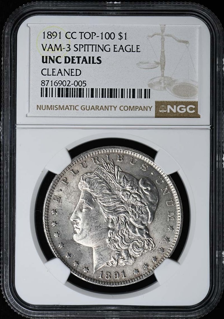 NGC Uncirculated 1891 Carson City Morgan Dollar VAM-3 Spitting Eagle S$1: NGC Uncirculated 1891 Carson City Morgan Dollar VAM-3 Spitting Eagle S$1 This is an 1891-CC Morgan Dollar, designated as VAM-3 Spitting Eagle, certified by NGC with UNC Details. This uncirculated silv