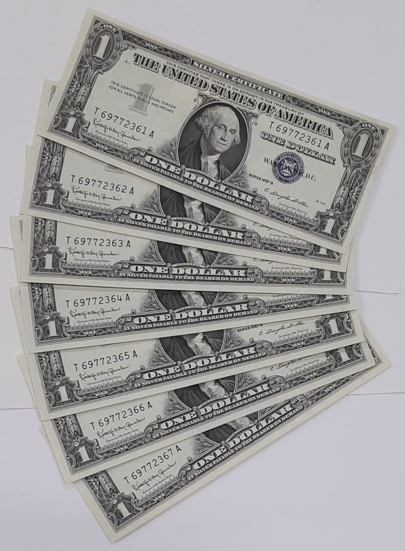 Set of 10 Uncirculated 1957-B $1 Silver Certificates Consecutive Serial Numbers (1 of 4)