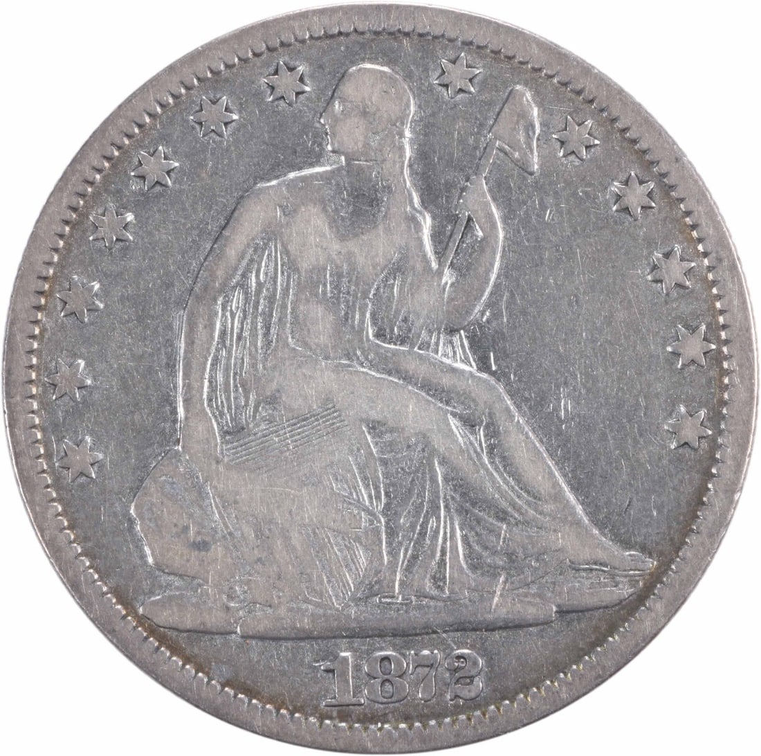 1872-CC Liberty Seated Silver Half Dollar 50C Uncertified Coin: 1872-CC Liberty Seated Silver Half Dollar 50C Uncertified Coin This 1872-CC Liberty Seated Silver Half Dollar is a notable piece from the Carson City Mint, showcasing the craftsmanship of designers Th