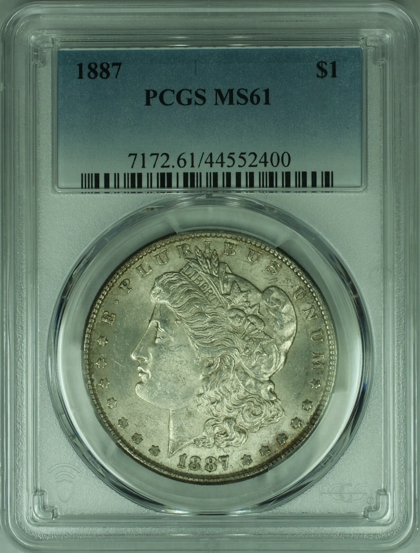 PCGS MS-61 1887 Morgan Dollar Silver Coin Philadelphia Light Toning: PCGS MS-61 1887 Morgan Dollar Silver Coin Philadelphia Light Toning This 1887 Morgan Silver Dollar coin is certified by PCGS with a grade of MS-61. Struck in Philadelphia, it features light toning and