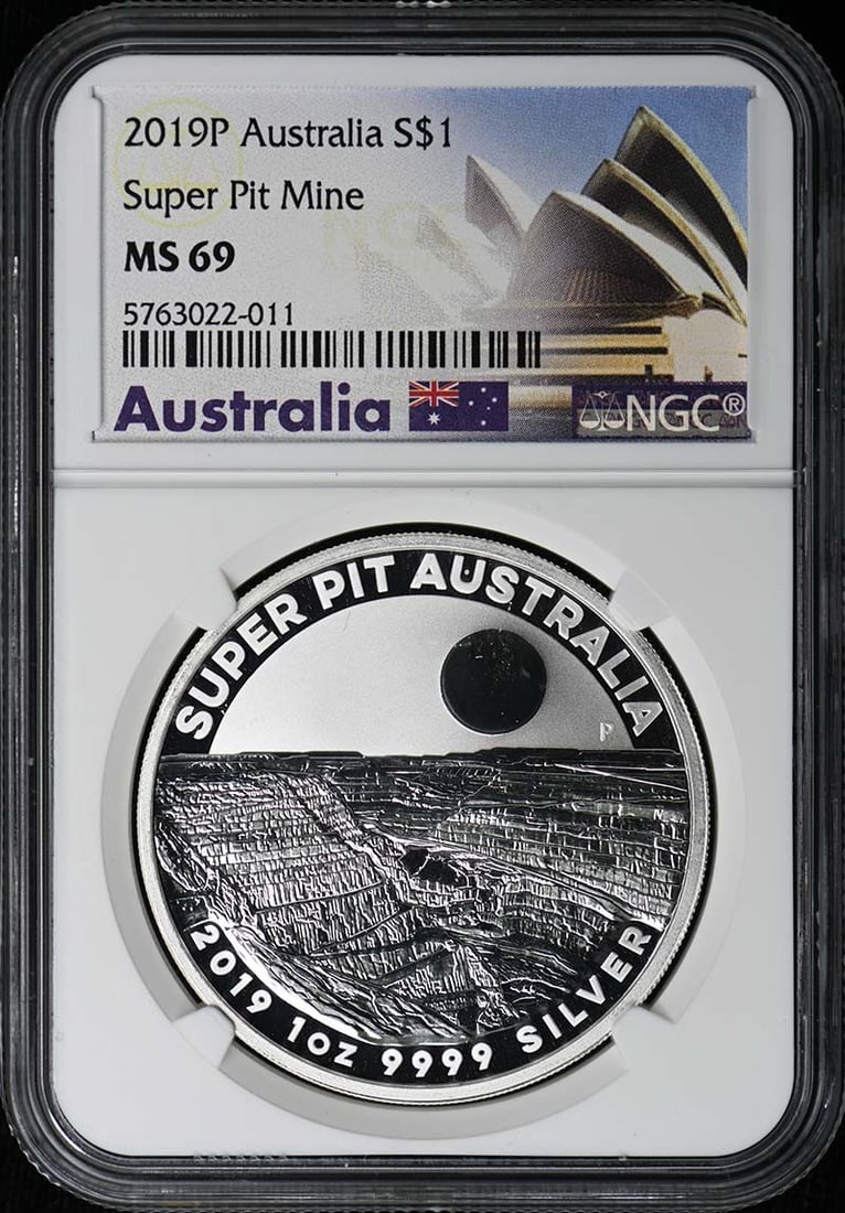 NGC MS69 2019 Australia Super Pit Mine Silver Dollar Coin: NGC MS69 2019 Australia Super Pit Mine Silver Dollar Coin This is a 2019P Australia Super Pit Mine one dollar coin, certified by NGC with a grade of MS69. The coin is uncirculated and originates from
