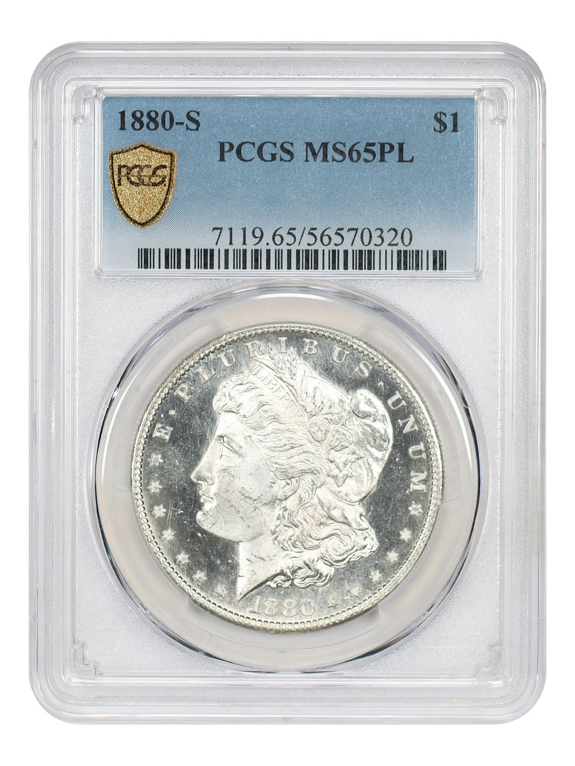 PCGS MS65PL 1880-S Morgan Silver Dollar San Francisco Mint: PCGS MS65PL 1880-S Morgan Silver Dollar San Francisco Mint This 1880-S Morgan Dollar is certified by PCGS with a grade of MS65PL, indicating a high-quality, uncirculated coin with proof-like surfaces.