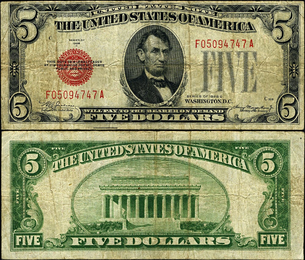 Scarce 1928-C $5 Legal Tender Mule Note F-A Block (1 of 3)