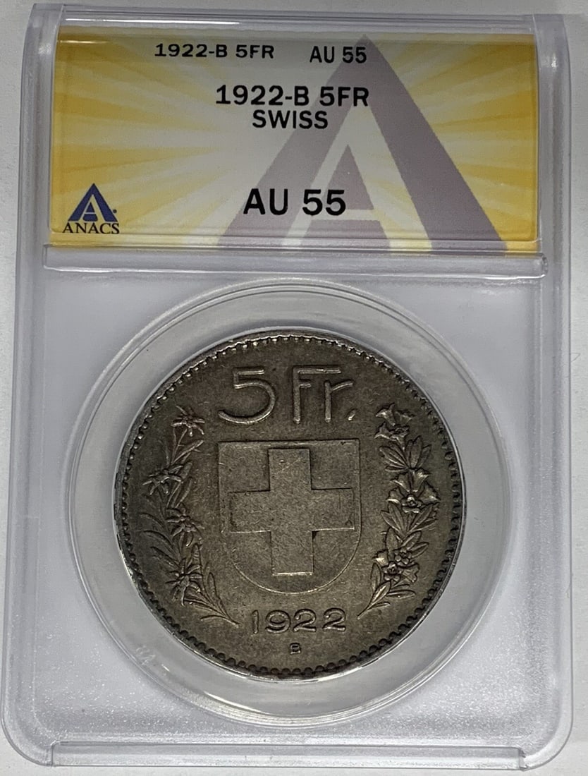 1922-B Switzerland 5 Francs Silver ANACS AU 55 Certified Coin: 1922-B Switzerland 5 Francs Silver ANACS AU 55 Certified Coin This 1922-B Swiss 5 Francs silver coin has been graded AU 55 by ANACS. Minted in Switzerland, it is composed of 0.9 fine silver and has be