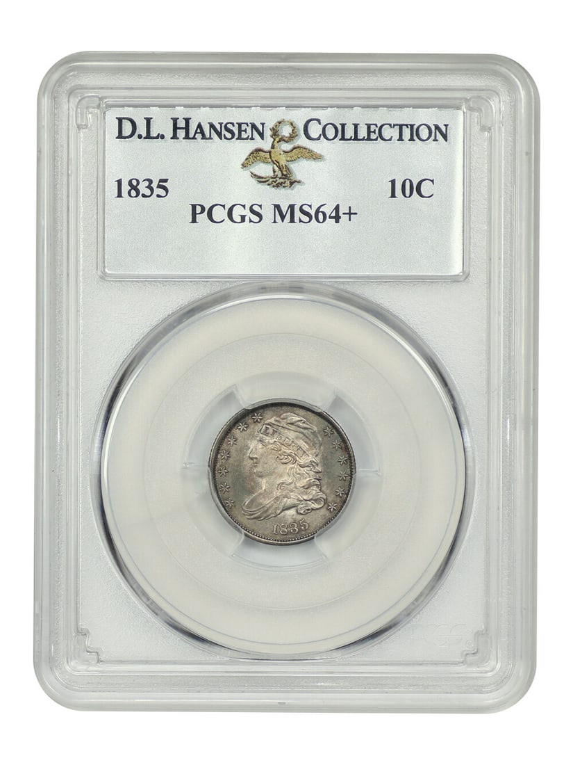 1835 Capped Bust Dime 10C PCGS MS64+ D.L. Hansen Provenance: 1835 Capped Bust Dime 10C PCGS MS64+ D.L. Hansen Provenance This stunning 1835 Capped Bust Dime is certified by PCGS with a grade of MS64+, showcasing its uncirculated condition. The coin features dee