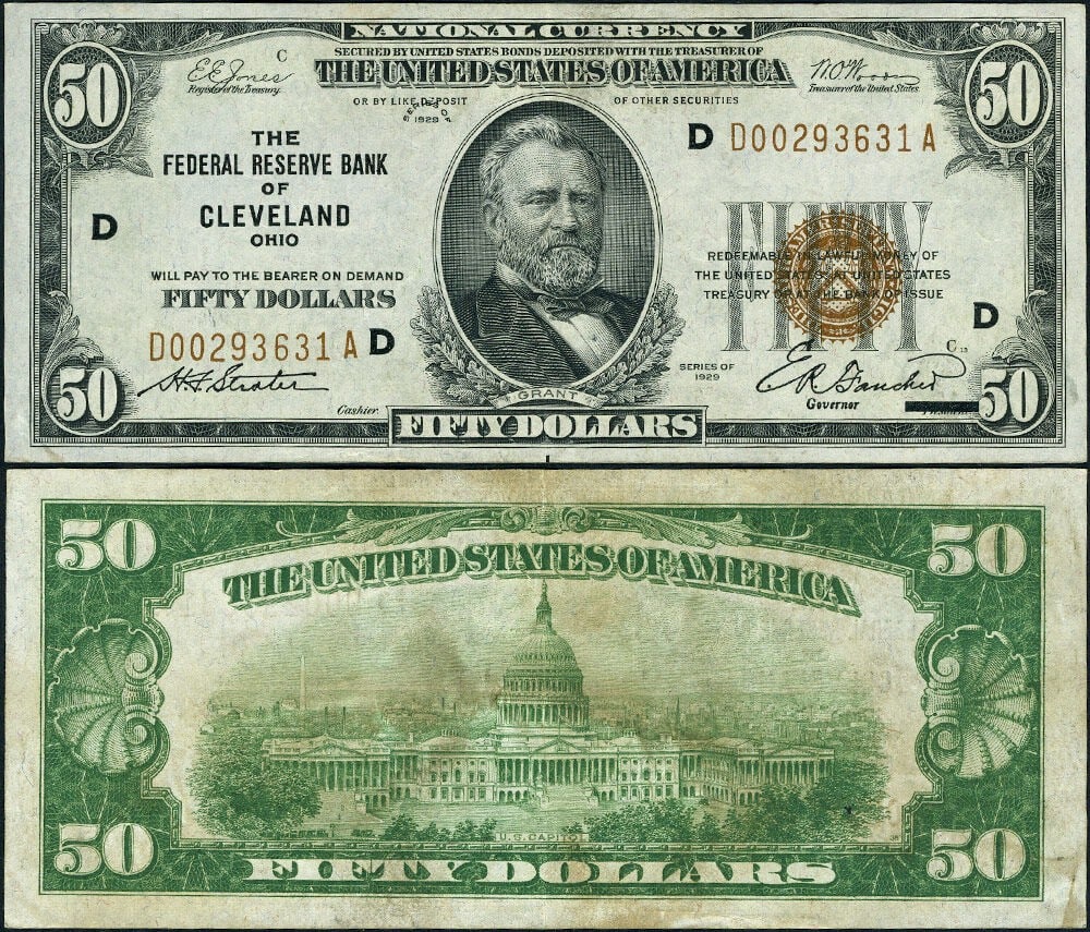 1929 $50 Federal Reserve Note Cleveland D-A Block AU (1 of 3)