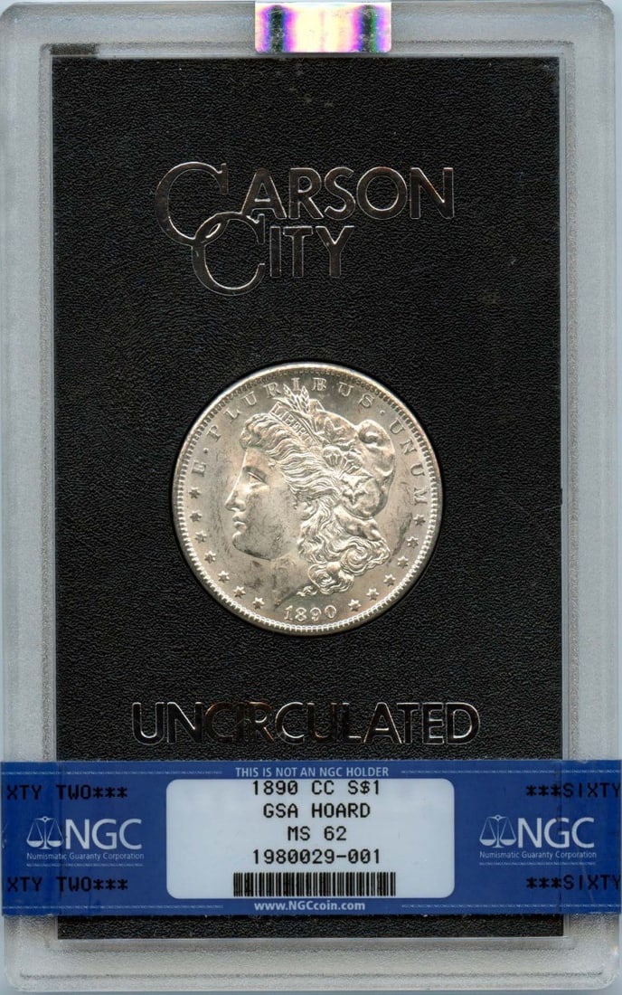 NGC MS62 1890 Carson City Morgan Silver Dollar from GSA Hoard: NGC MS62 1890 Carson City Morgan Silver Dollar from GSA Hoard This is an 1890-CC Morgan Dollar from the GSA Hoard, certified by NGC with a grade of MS62. Struck at the Carson City Mint, this uncircula