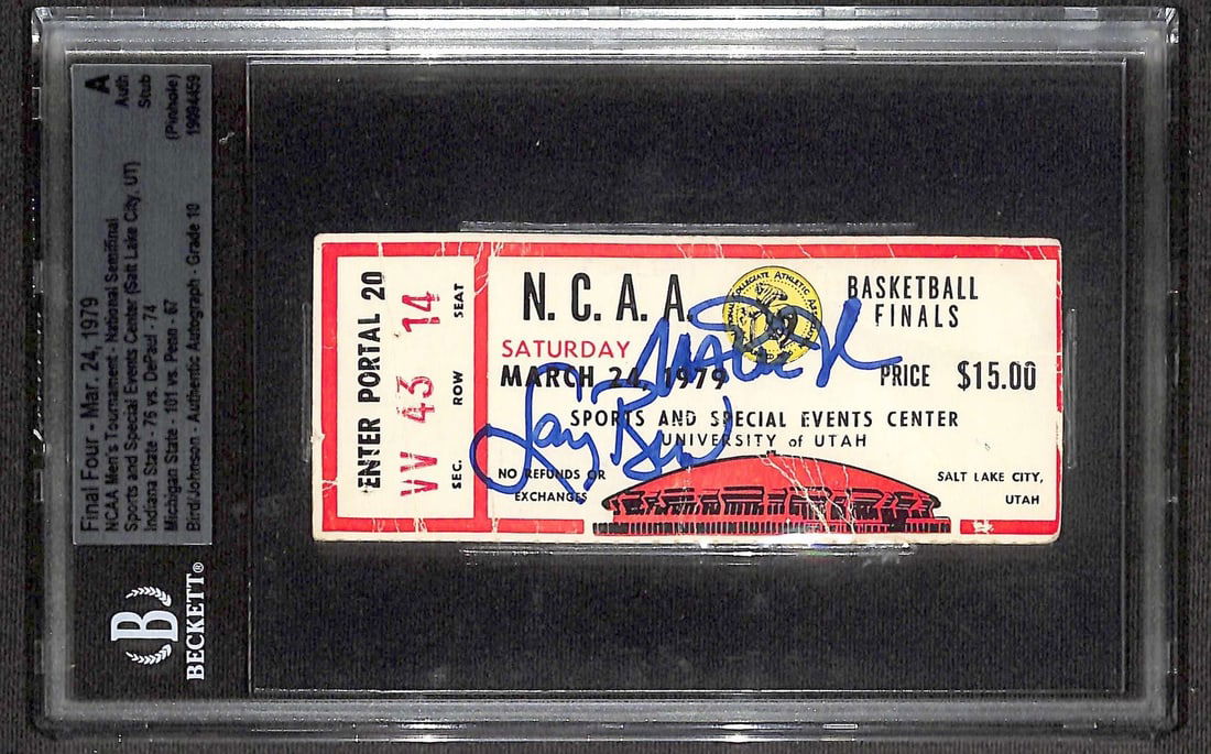 1979 NCAA Final Four Ticket Dual Signed by Magic Johnson and Larry Bird Beckett 10: 1979 NCAA Final Four Ticket Dual Signed by Magic Johnson and Larry Bird Beckett 10 This original ticket from the 1979 NCAA Final Four National Semifinal is hand-signed by both Magic Johnson and Larry