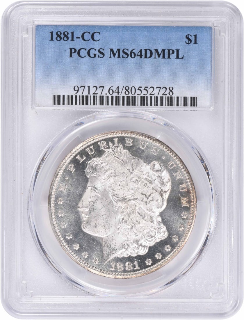 1881-CC Morgan Silver Dollar MS64DMPL PCGS Certified Coin: 1881-CC Morgan Silver Dollar MS64DMPL PCGS Certified Coin This 1881-CC Morgan Silver Dollar is a stunning example of American coinage, graded MS64 by PCGS, ensuring its high quality and detail. Struck