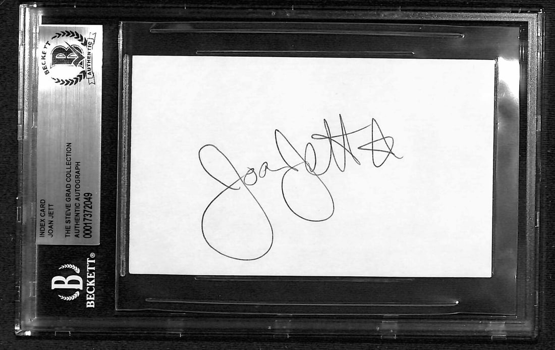 Beckett Authenticated Joan Jett Signed 3x5 Index Card: Beckett Authenticated Joan Jett Signed 3x5 Index Card This is an original 3x5 inch index card autographed by Joan Jett, musician and actress best known for her work with Joan Jett & The Blackhearts. T