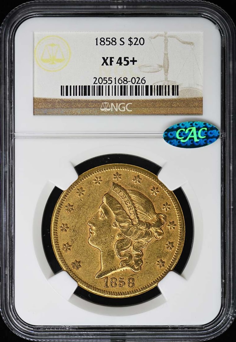 1858 San Francisco $20 Liberty Head Gold Coin NGC XF45 Plus CAC (1 of 2)