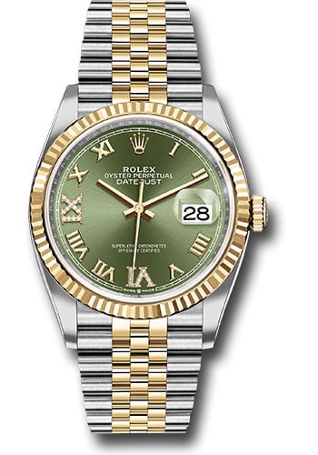 Rolex 126233 Datejust Jubilee Bracelet Olive Green Roman Dial Watch: Rolex 126233 Datejust Jubilee Bracelet Olive Green Roman Dial Watch This Rolex Datejust features an olive green Roman numeral dial, a fluted bezel, and a Jubilee bracelet. The watch is a men's model w