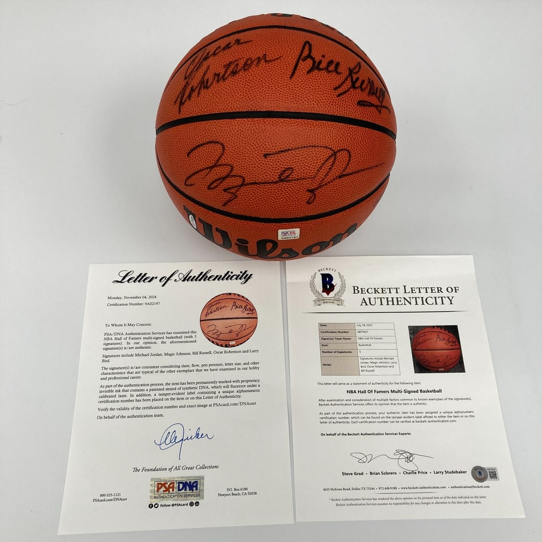 Michael Jordan Larry Bird Magic Johnson Signed Basketball PSA Beckett: Michael Jordan Larry Bird Magic Johnson Signed Basketball PSA Beckett Elevate your basketball memorabilia collection with this exceptional leather Wilson Jet basketball, signed by basketball legends M
