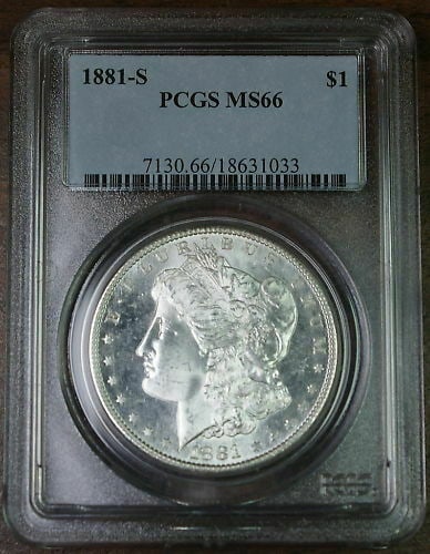 PCGS MS-66 1881-S Morgan Silver Dollar San Francisco Mint SPL: PCGS MS-66 1881-S Morgan Silver Dollar San Francisco Mint SPL This is an 1881-S Morgan Dollar coin minted in San Francisco. Certified by PCGS with a grade of MS-66, this uncirculated silver dollar fea