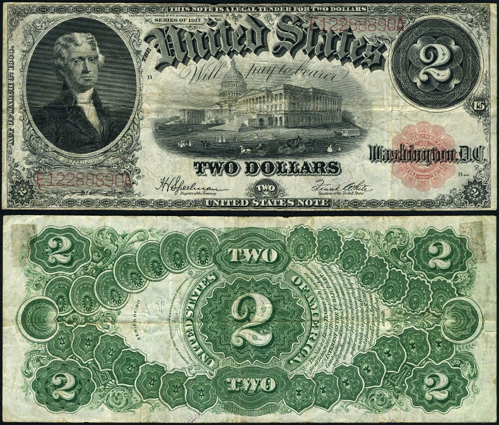 1917 $2 Legal Tender Note VF with Tape Residue (1 of 3)