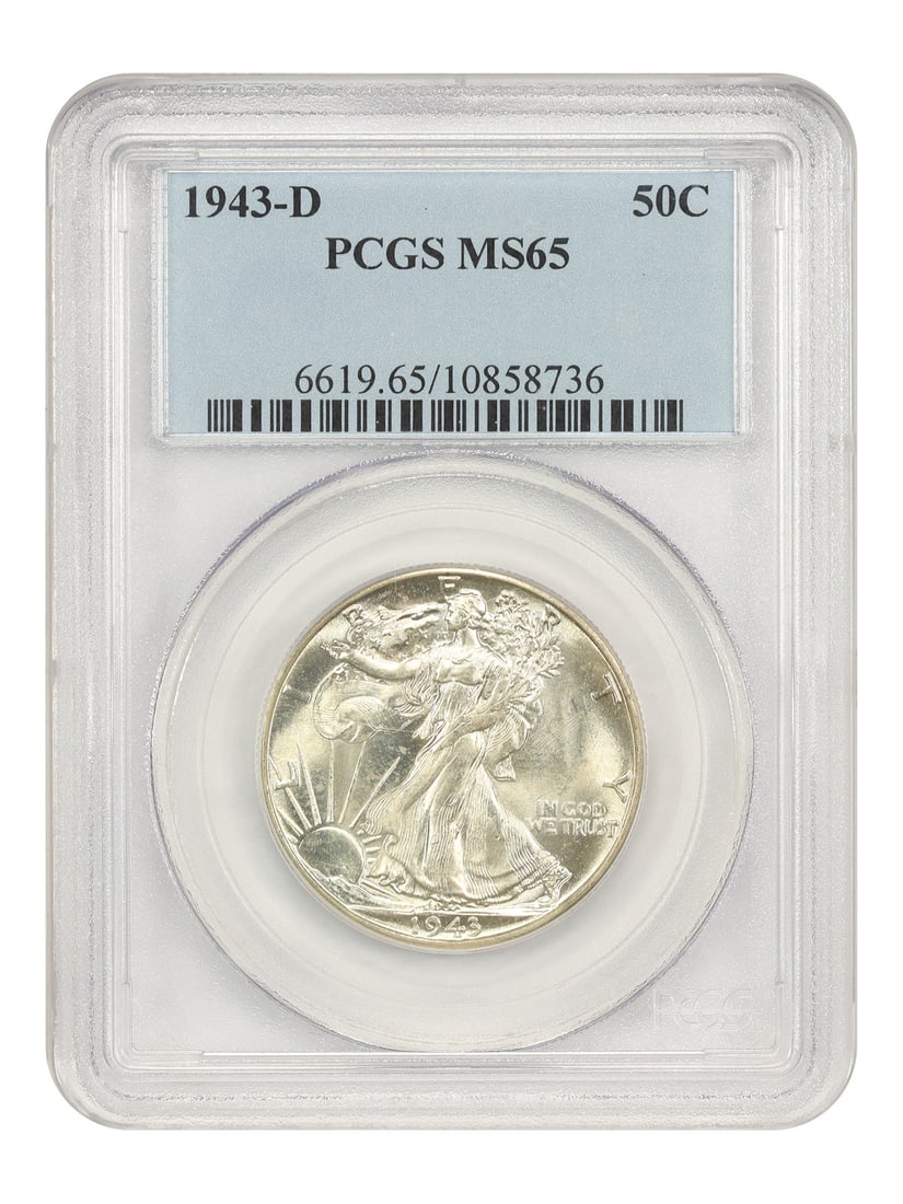 PCGS MS65 1943-D Walking Liberty Half Dollar 50C Uncirculated: PCGS MS65 1943-D Walking Liberty Half Dollar 50C Uncirculated This 1943-D Walking Liberty Half Dollar is a 50-cent coin minted in Denver. It is certified by PCGS with a grade of MS65, indicating an un