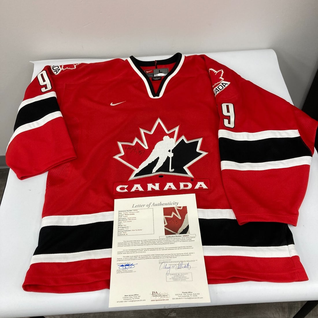 Wayne Gretzky Signed Team Canada Olympic Jersey Nike JSA COA: Wayne Gretzky Signed Team Canada Olympic Jersey Nike JSA COA This authentic Team Canada Olympic jersey features the signature of hockey legend Wayne Gretzky, known as The Great One. The jersey is a pr