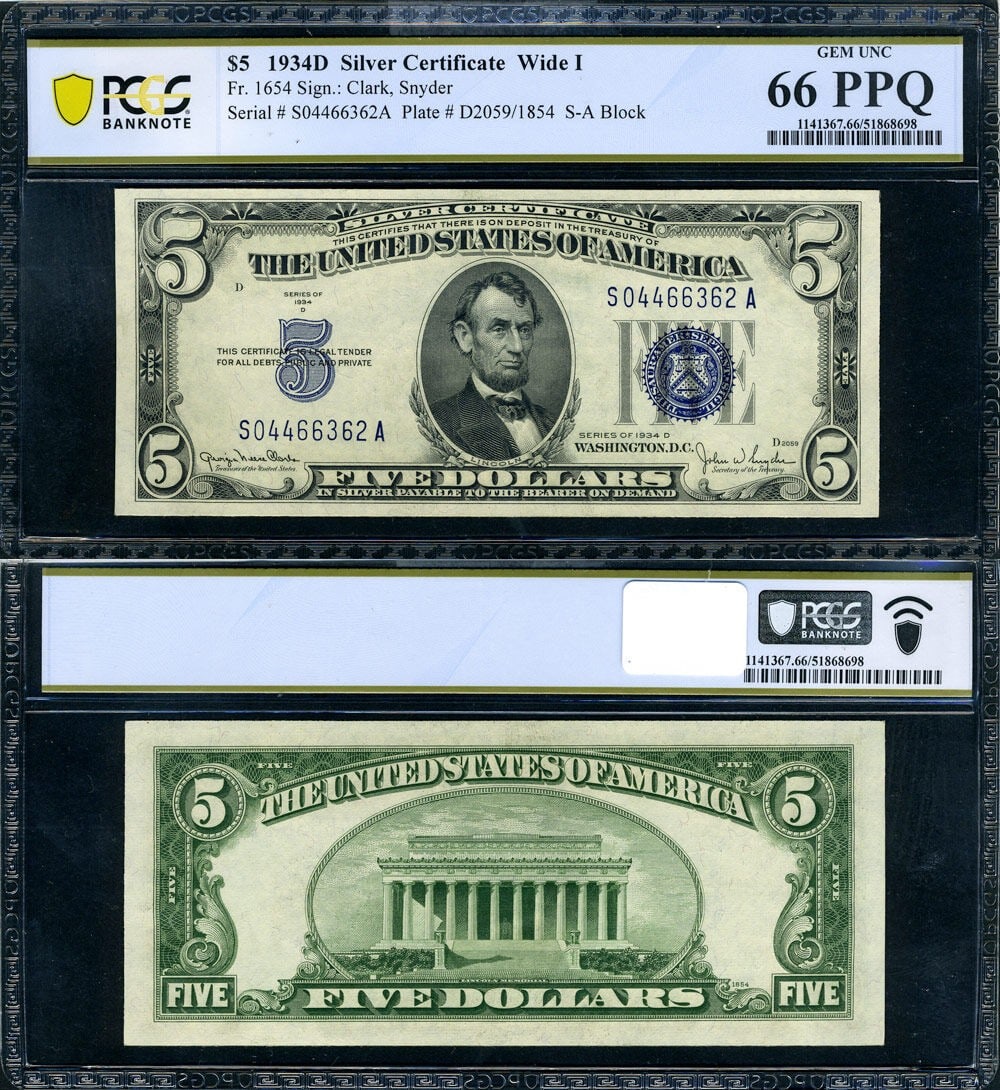 1934-D $5 Silver Certificate S-A Block PCGS CU66 PPQ Wide I (1 of 3)