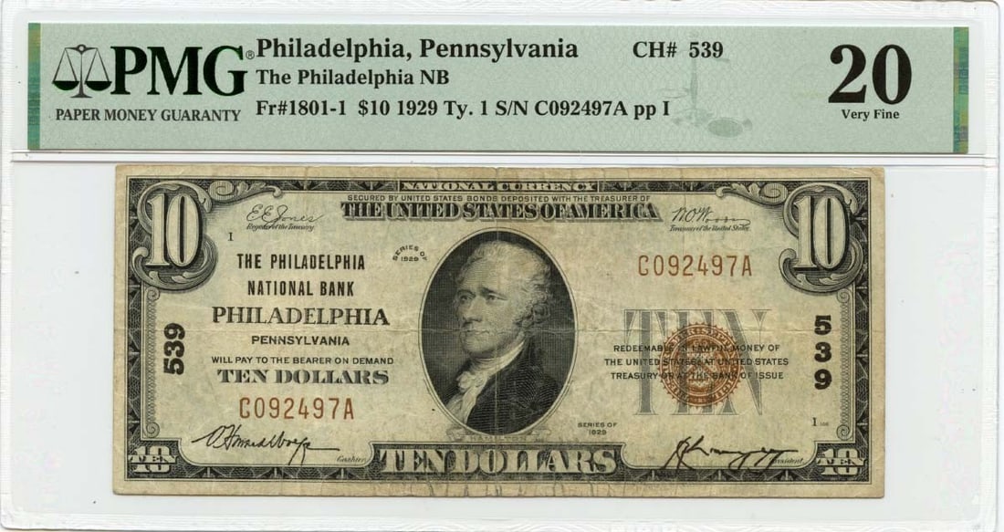 1929 $10 Philadelphia National Bank Note CH#539 PMG VF20: 1929 $10 Philadelphia National Bank Note CH#539 PMG VF20 This 1929 $10 note from the Philadelphia National Bank is a collectible piece of currency in Very Fine (VF20) condition. It has been certified