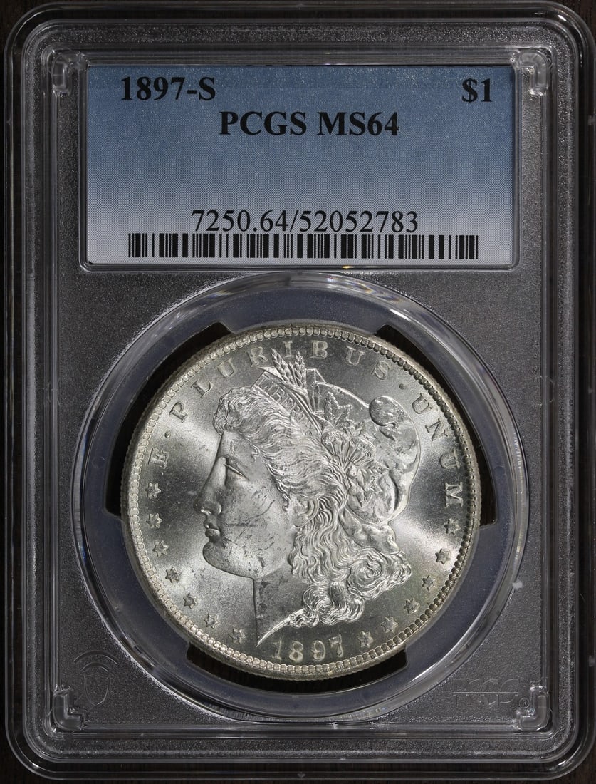 1897-S Morgan Silver Dollar MS64 PCGS Tough Date: 1897-S Morgan Silver Dollar MS64 PCGS Tough Date This 1897-S Morgan Silver Dollar is a remarkable collectible coin, graded MS 64 by PCGS, indicating its excellent uncirculated condition. Minted in San
