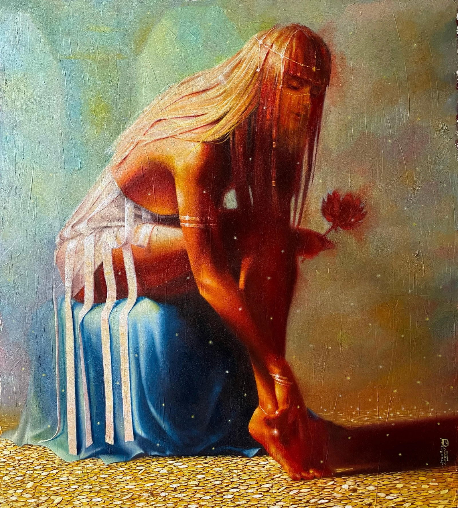 One More Day in Swarga Oil Painting by Dmitriy Krestniy 35.5 x 31.5 Inch Realist Art: One More Day in Swarga Oil Painting by Dmitriy Krestniy 35.5 x 31.5 Inch Realist Art "One More Day in Swarga" is a captivating oil painting by Dmitriy Krestniy, completed in 2023. This piece showcases