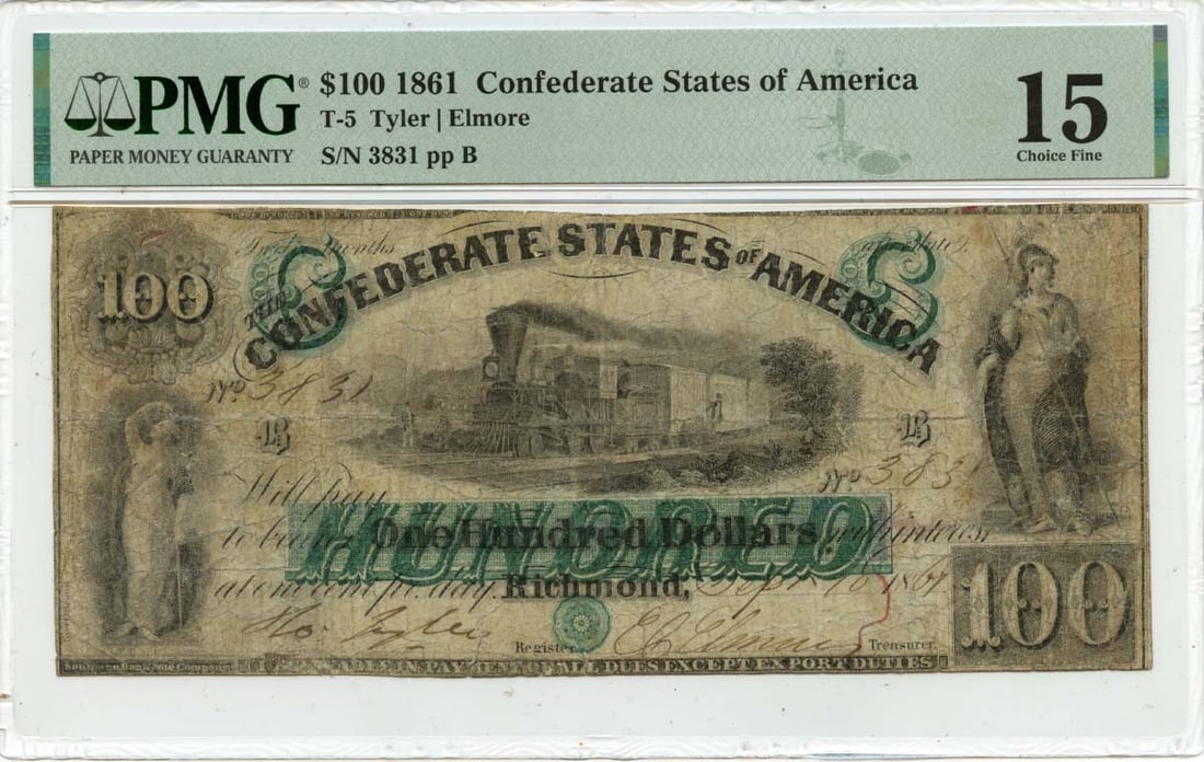 Confederate States 1861 One Hundred Dollar T-5 Note PMG F15 Certified: Confederate States 1861 One Hundred Dollar T-5 Note PMG F15 Certified This circulated 1861 $100 Confederate States of America note is certified by PMG with a grade of F15. It is a pre-owned historical