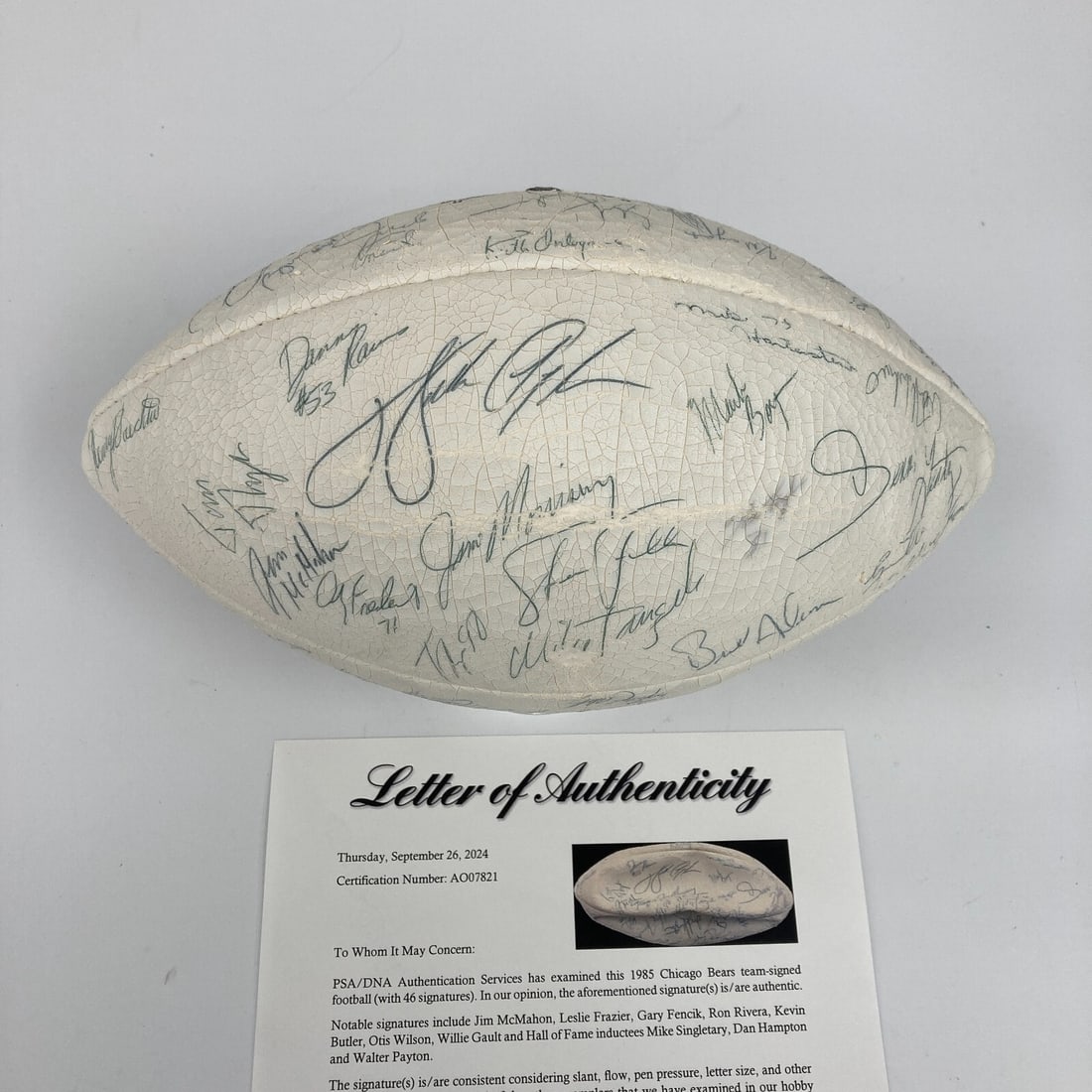 1985 Chicago Bears Team Signed Football with Walter Payton PSA DNA COA: 1985 Chicago Bears Team Signed Football with Walter Payton PSA DNA COA Celebrate the legacy of the 1985 Super Bowl Champion Chicago Bears with this team-signed Wilson NFL football. This authentic foot