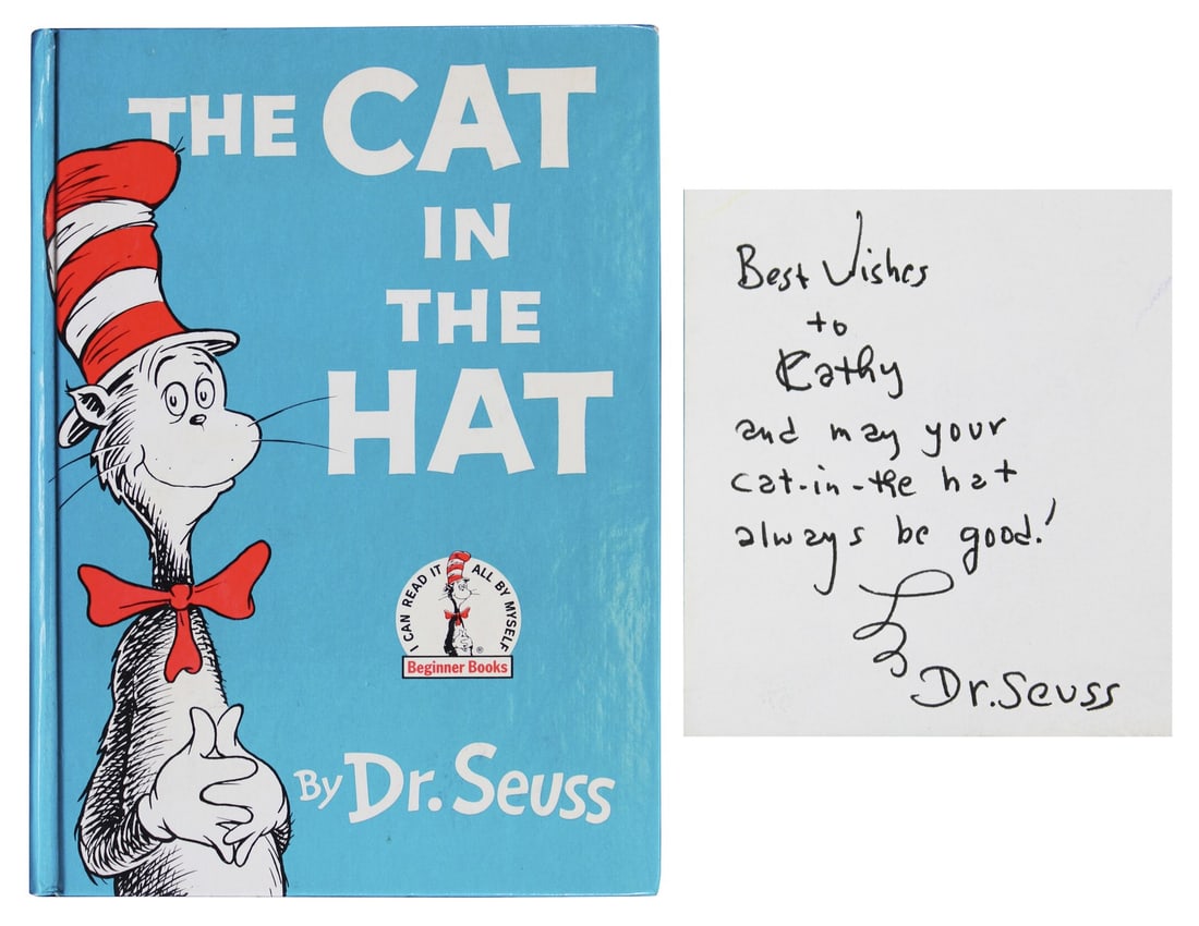 Dr. Seuss Signed The Cat in the Hat Hardcover with Best Wishes BAS #AE13957: Dr. Seuss Signed The Cat in the Hat Hardcover with Best Wishes BAS #AE13957 This charming hardcover edition of 'The Cat in the Hat' comes personally signed by Dr. Seuss himself, featuring a heartfelt