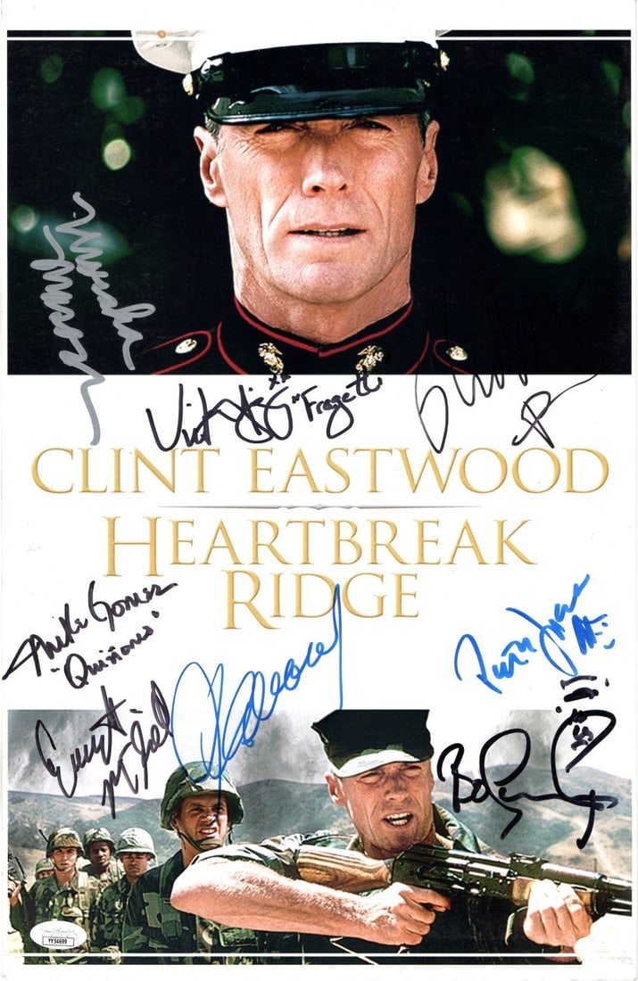 Heartbreak Ridge 11X17 Photo Autographed by Clint Eastwood and Others JSA Certified: Heartbreak Ridge 11X17 Photo Autographed by Clint Eastwood and Others JSA Certified Celebrate cinematic history with this Heartbreak Ridge autographed 11X17 photograph featuring a total of eight signa