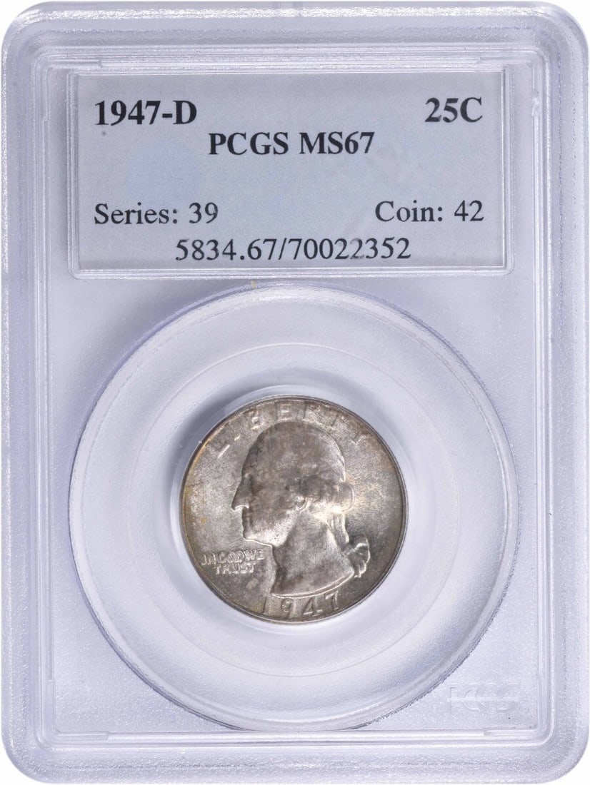 PCGS MS67 1947-D Silver 25C Washington Quarter Coin (1 of 2)