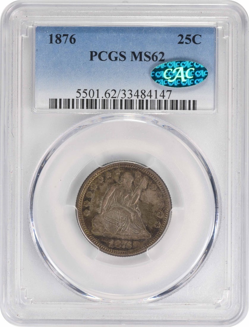 1876 Liberty Seated Silver Quarter MS62 PCGS CAC Certified: 1876 Liberty Seated Silver Quarter MS62 PCGS CAC Certified This 1876 Liberty Seated Silver Quarter is a remarkable piece of American numismatic history. Graded MS62 by PCGS with CAC certification, thi
