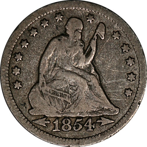 1854-O Seated Liberty Quarter Silver Nice F Detail Rare Coin: 1854-O Seated Liberty Quarter Silver Nice F Detail Rare Coin This 1854-O Seated Liberty Quarter is a rare find, featuring a large 'O' mint mark from the New Orleans mint. The coin is graded as Nice F