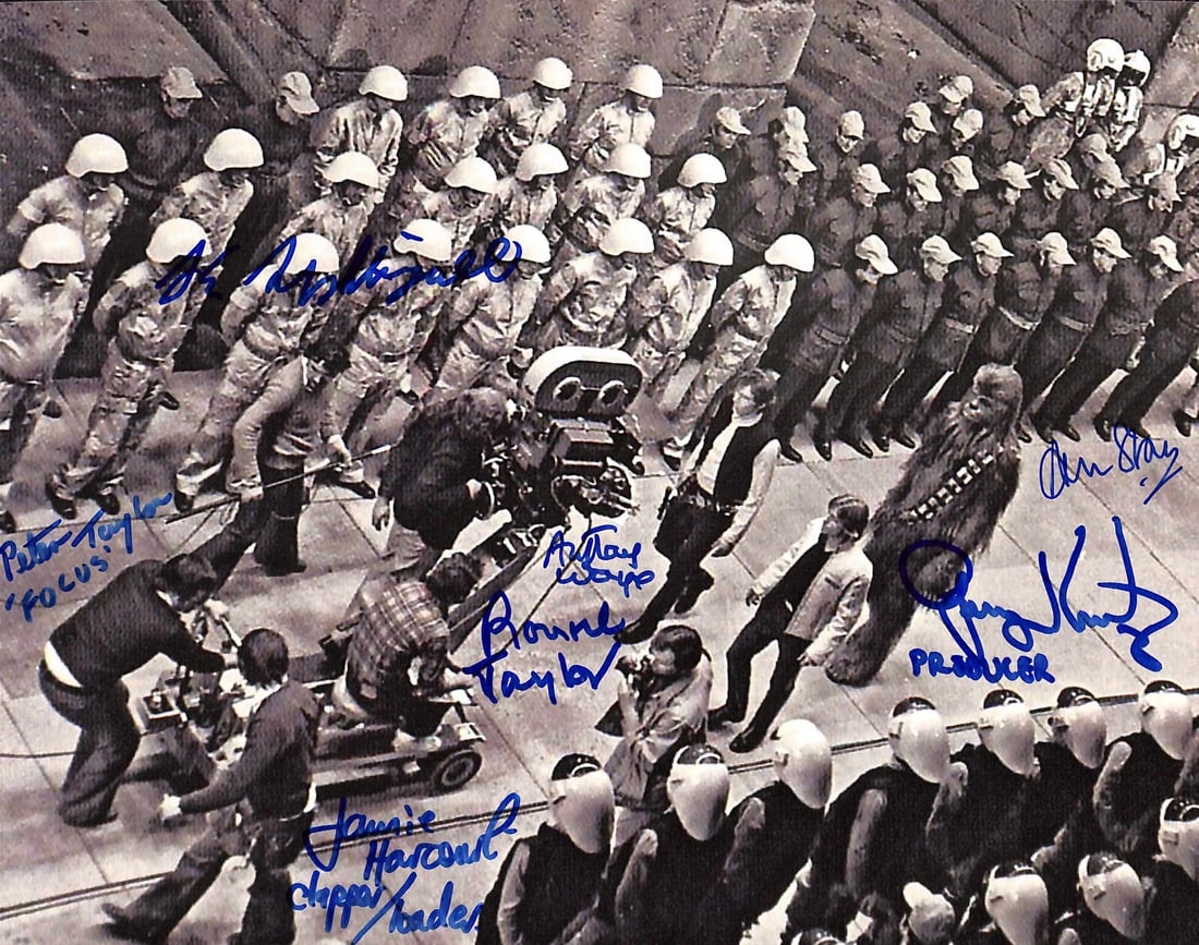 8x10 Star Wars Crew Signed Photo Seven Autographs Beckett Authenticated: 8x10 Star Wars Crew Signed Photo Seven Autographs Beckett Authenticated This is an original 8x10 color photograph from Star Wars: A New Hope, signed by seven members of the main production crew. The s