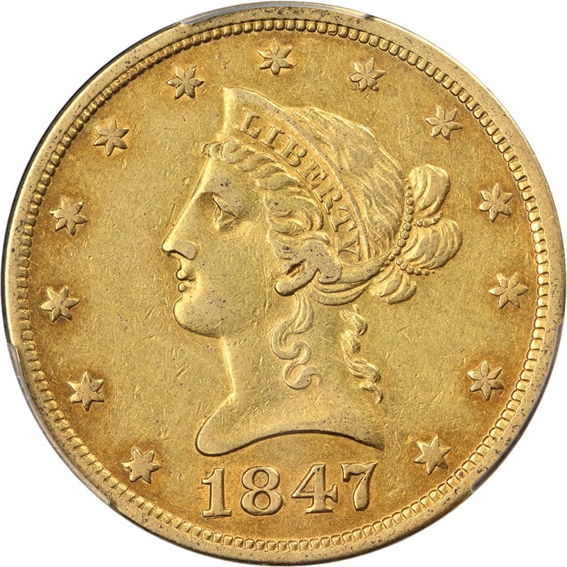PCGS XF45 1847-O $10 Liberty Gold Coin with Attractive Luster: PCGS XF45 1847-O $10 Liberty Gold Coin with Attractive Luster This 1847-O Liberty Gold $10 coin is certified by PCGS with a grade of XF45. It features attractive luster, strong strike, and appealing c
