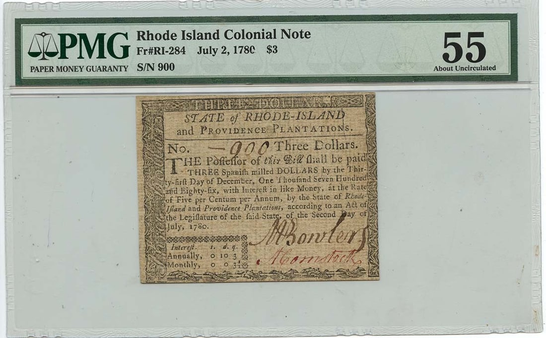 1780 $3 Rhode Island Colonial Note RI-284 PMG AU55 Certified: 1780 $3 Rhode Island Colonial Note RI-284 PMG AU55 Certified This 1780 July 2 Rhode Island Colonial Note, designated FR#RI-284, is a remarkable piece of history. Graded AU55 by PMG, this note is fully