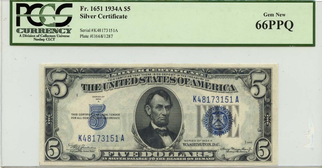 PCGS Gem 66 PPQ 1934A $5 Silver Certificate FR1651 Blue Seal: PCGS Gem 66 PPQ 1934A $5 Silver Certificate FR1651 Blue Seal This is a 1934A $5 Silver Certificate, Blue Seal, with the designation FR#1651. The note has been professionally graded by PCGS Currency as