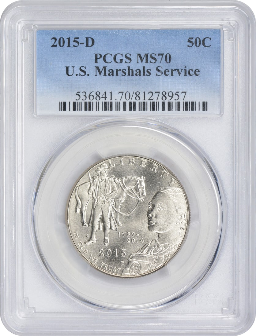 2015-D U.S. Marshals Service Commemorative Half Dollar MS70 PCGS: 2015-D U.S. Marshals Service Commemorative Half Dollar MS70 PCGS This 2015-D U.S. Marshals Service Commemorative Half Dollar is a stunning piece, certified by PCGS with a perfect Mint State 70 (MS70)