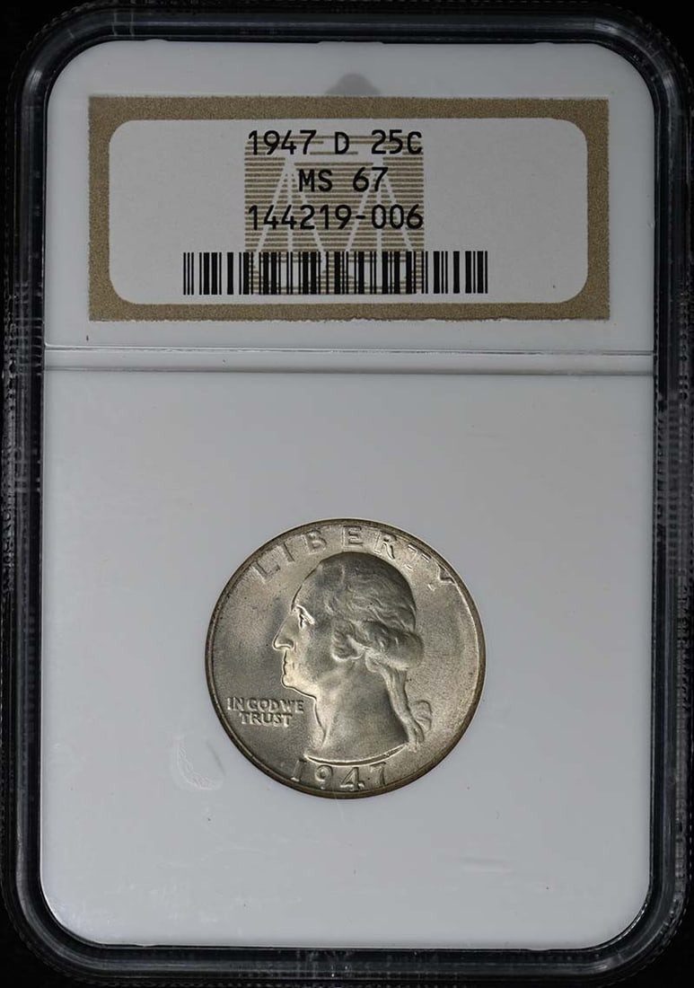 1947-D Washington Quarter 25C NGC MS67 Uncirculated Denver Mint: 1947-D Washington Quarter 25C NGC MS67 Uncirculated Denver Mint This 1947-D Washington Quarter, graded MS67 by NGC, is a stunning example of uncirculated coinage. Minted in Denver, this quarter showca