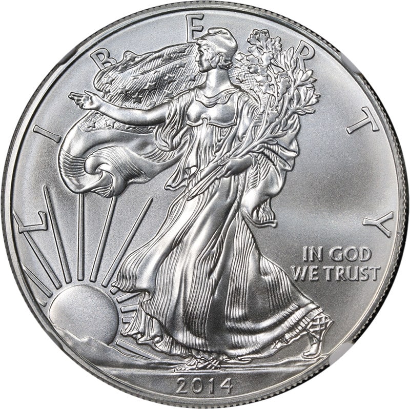 NGC MS70 2014 $1 Silver American Eagle Coin with Silver Foil Label (1 of 4)