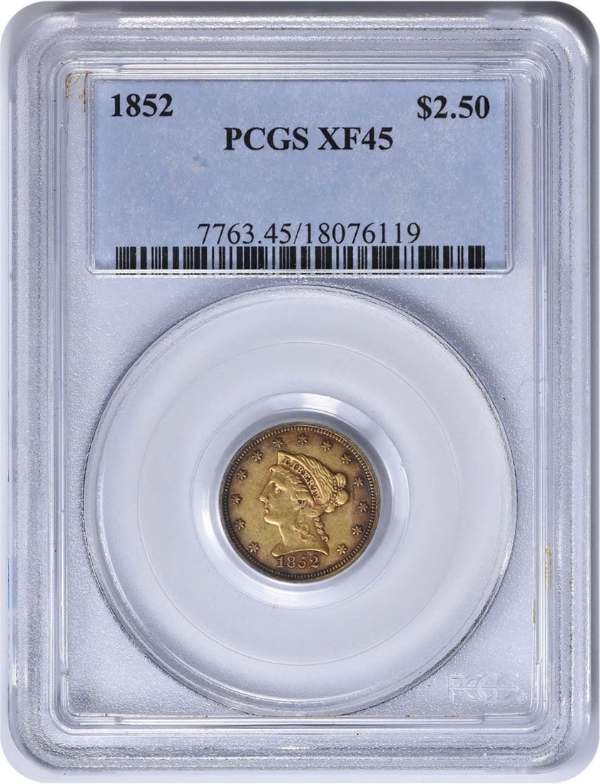 1852 $2.50 Gold Liberty Head Coin PCGS Certified XF: 1852 $2.50 Gold Liberty Head Coin PCGS Certified XF This stunning 1852 $2.50 Gold Liberty Head coin showcases a rich history and exquisite craftsmanship. Certified by PCGS with an EF45 grade, this coi
