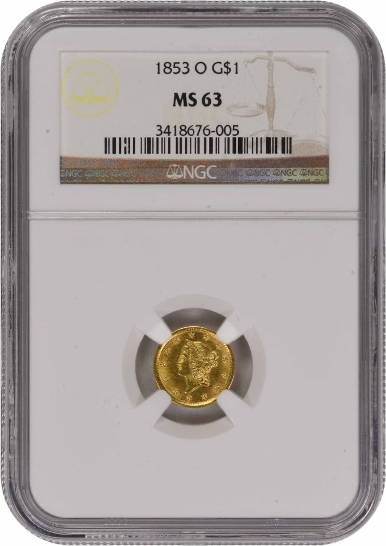 1853 New Orleans $1 Gold Coin NGC MS63 Type 1 Certified: 1853 New Orleans $1 Gold Coin NGC MS63 Type 1 Certified This 1853-O $1 Gold Type 1 coin is certified uncirculated by NGC with a grade of MS63. Minted in New Orleans, it features a composition of 90% g