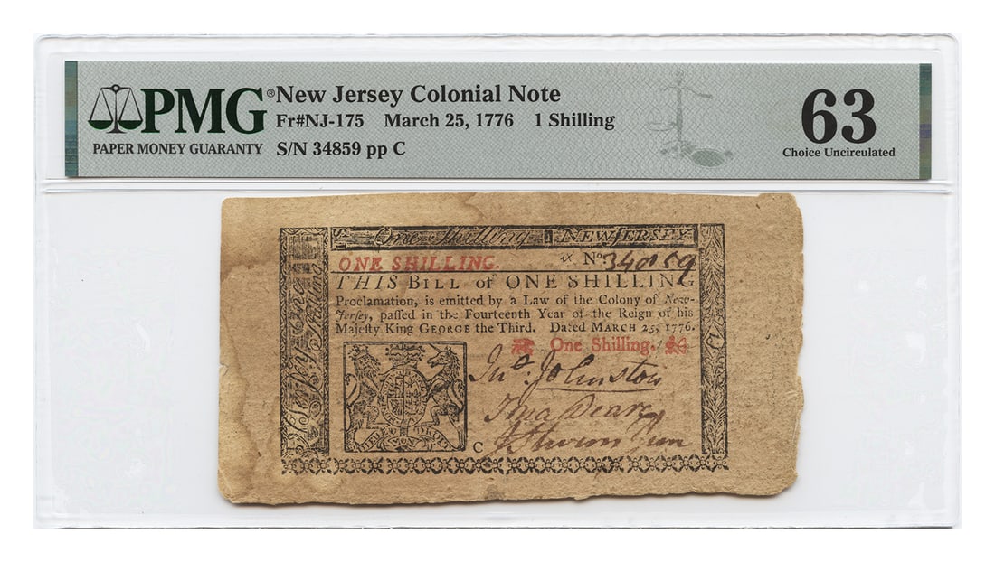 New Jersey 1 Shilling March 25 1776 Colonial Note PMG UNC 63: New Jersey 1 Shilling March 25 1776 Colonial Note PMG UNC 63 This is a New Jersey Colonial Currency note dated March 25, 1776, with a denomination of 1 Shilling. The note has been certified by PMG and