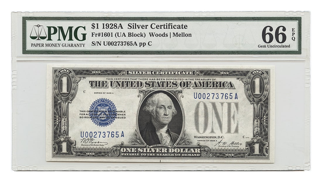 1928 $1 Silver Certificate PMG Graded Gem Uncirculated 66 EPQ: 1928 $1 Silver Certificate PMG Graded Gem Uncirculated 66 EPQ This is a 1928 $1 Silver Certificate featuring the Woods/Mellon signatures. The note is graded 66 Gem Uncirculated EPQ by PMG, indicating
