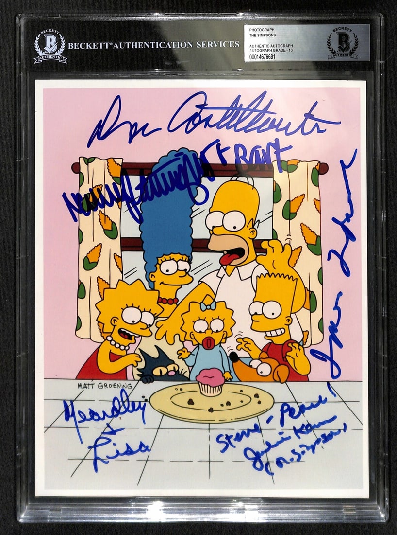 The Simpsons Cast Autographed 8x10 Photo Beckett Grade 10: The Simpsons Cast Autographed 8x10 Photo Beckett Grade 10 This is an autographed 8x10 photograph featuring the main cast of The Simpsons, including Dan Castellaneta, Julie Kavner, Yeardley Smith, Nanc