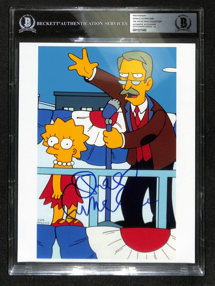 Donald Sutherland Signed 8x10 Photo The Simpsons Beckett Authenticated Grade 10: Donald Sutherland Signed 8x10 Photo The Simpsons Beckett Authenticated Grade 10 This is an autographed 8x10 color photograph of Donald Sutherland, who provided the voice for Hollis Hurlbut in the anim