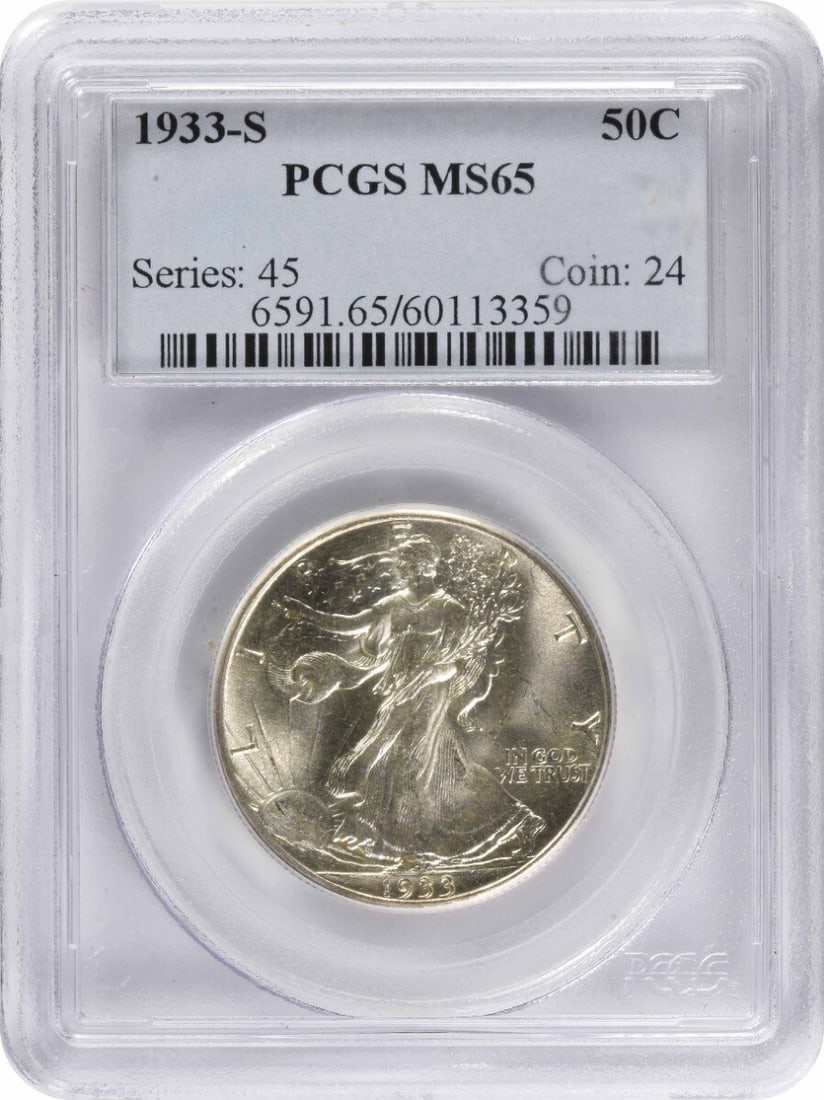 1933-S Walking Liberty Half Dollar MS65 PCGS Certified Silver Coin: 1933-S Walking Liberty Half Dollar MS65 PCGS Certified Silver Coin The 1933-S Walking Liberty Silver Half Dollar is a stunning example of American coinage, graded MS65 by PCGS. This uncirculated coin,