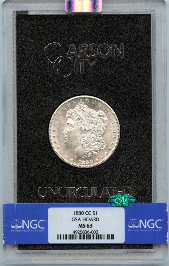 NGC MS63 CAC 1880 Carson City Morgan Dollar from GSA Hoard: NGC MS63 CAC 1880 Carson City Morgan Dollar from GSA Hoard This 1880-CC Morgan Dollar is part of the GSA Hoard and has been graded MS63 by NGC, with an additional CAC designation. Struck at the Carson