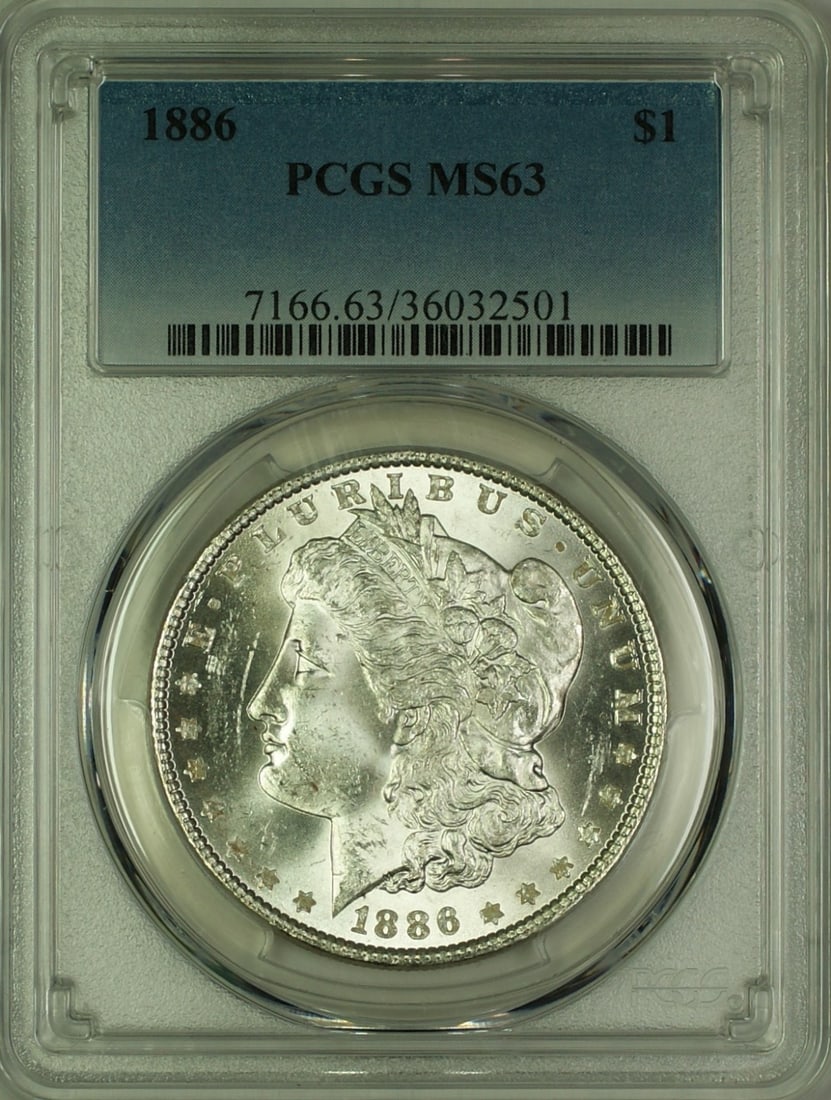 PCGS MS-63 1886 Silver Morgan Dollar Uncirculated Philadelphia Mint: PCGS MS-63 1886 Silver Morgan Dollar Uncirculated Philadelphia Mint This is an 1886 Morgan Silver Dollar $1 coin from the United States, minted in Philadelphia. Certified by PCGS with a grade of MS 63