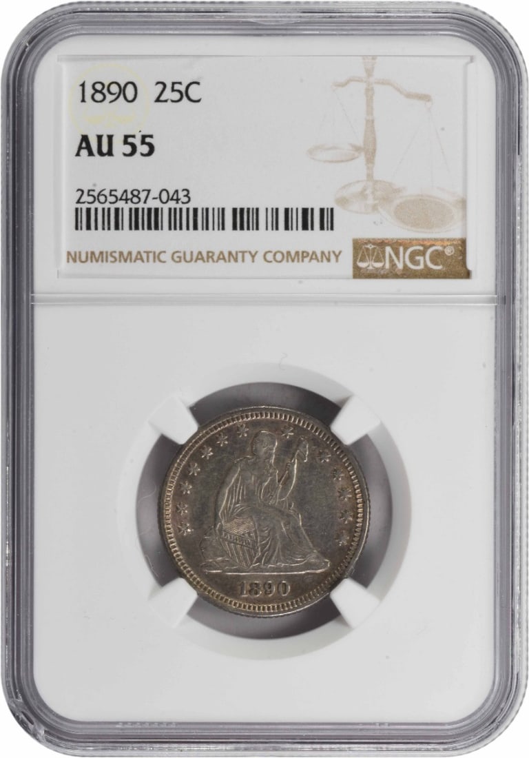 1890 Liberty Seated Quarter AU55 NGC Certified 90% Silver: 1890 Liberty Seated Quarter AU55 NGC Certified 90% Silver This 1890 Liberty Seated Silver Quarter is graded AU55 by NGC, showcasing its well-preserved details despite circulation. Minted in Philadelph